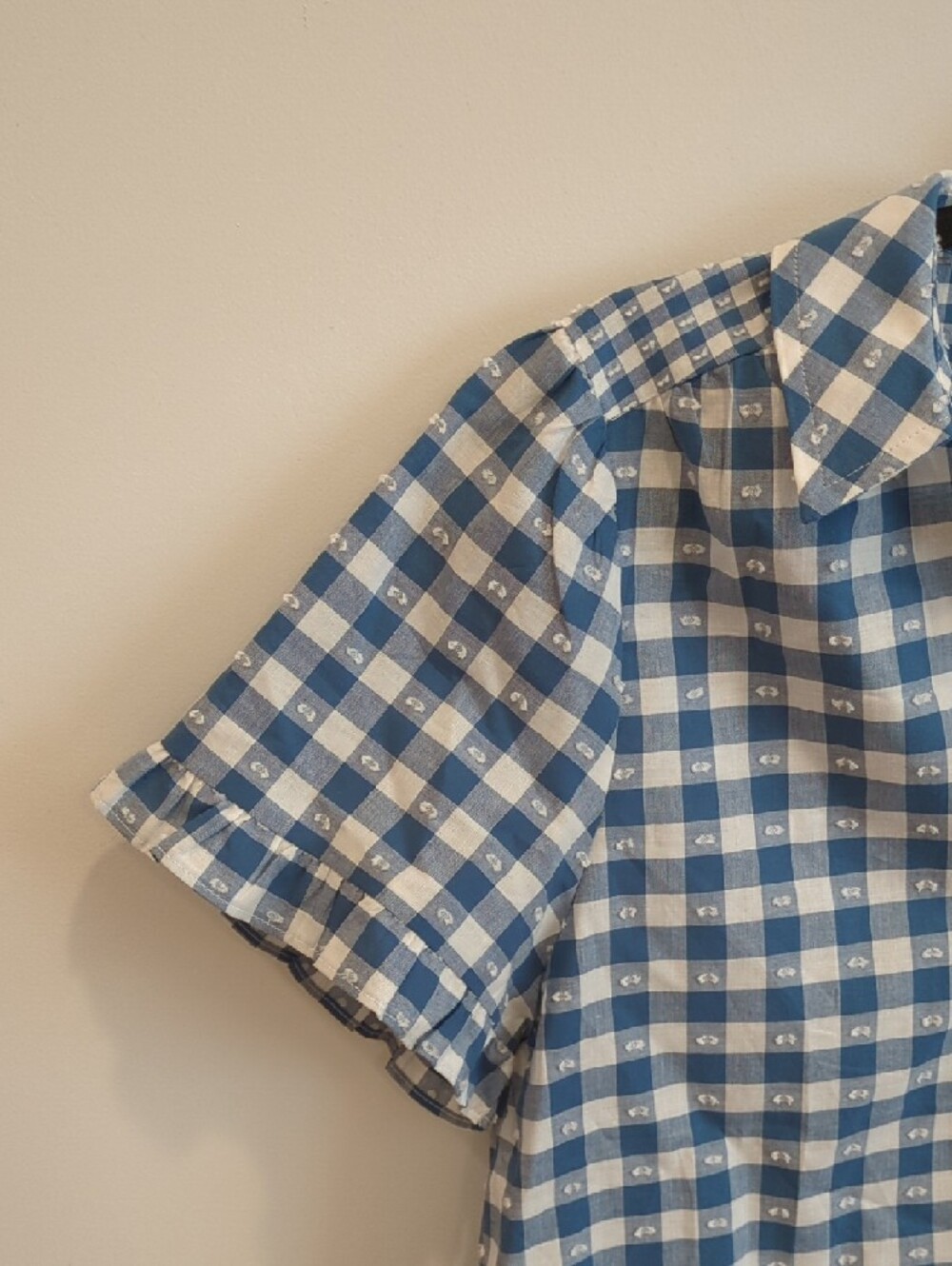 Cottage Coastal Western Lauren Conrad Blue White Gingham Ruffle Sleeve Top (S) - Picture 3 of 7